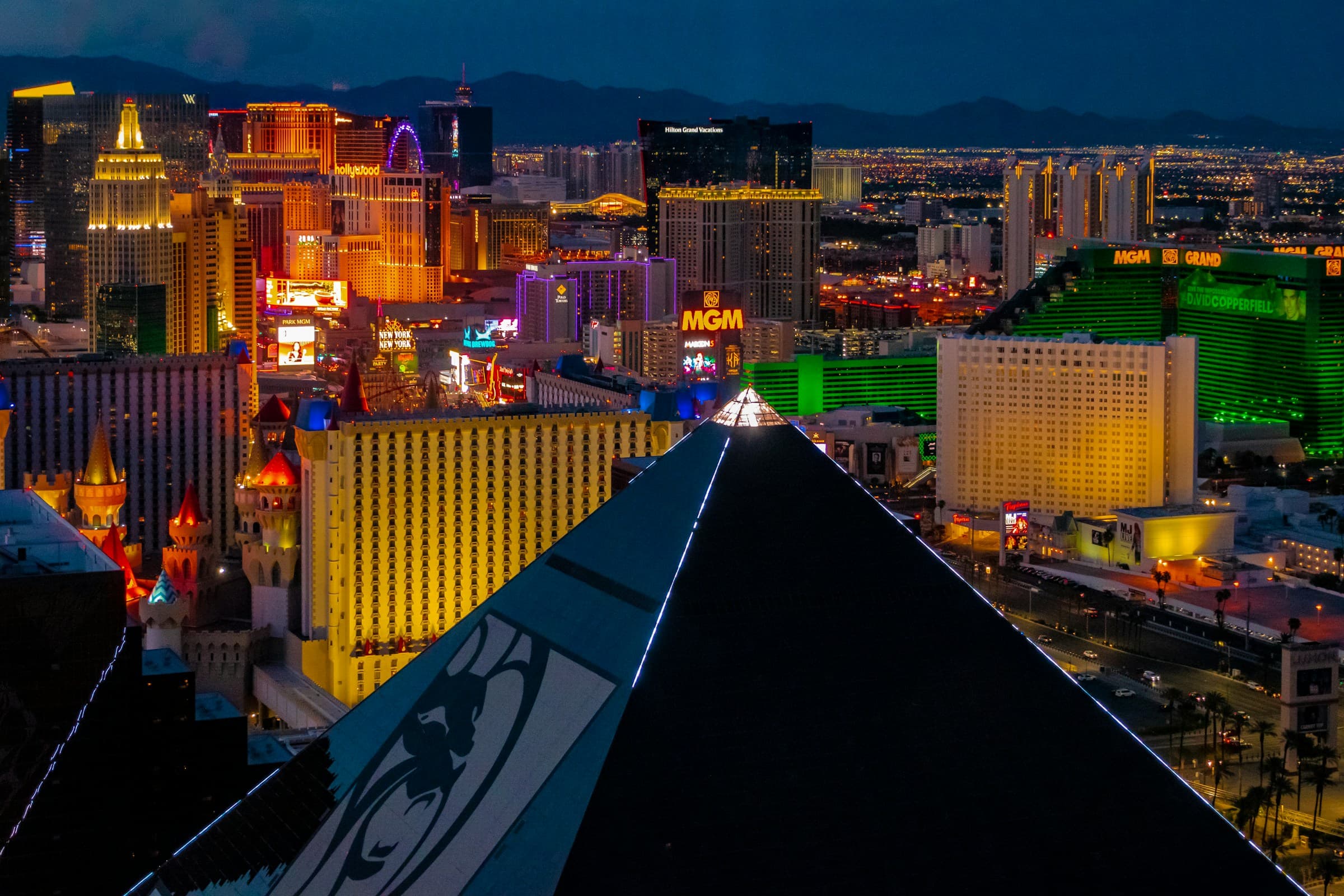 The Las Vegas Strip illuminated at night, photographed from Skyfall Lounge